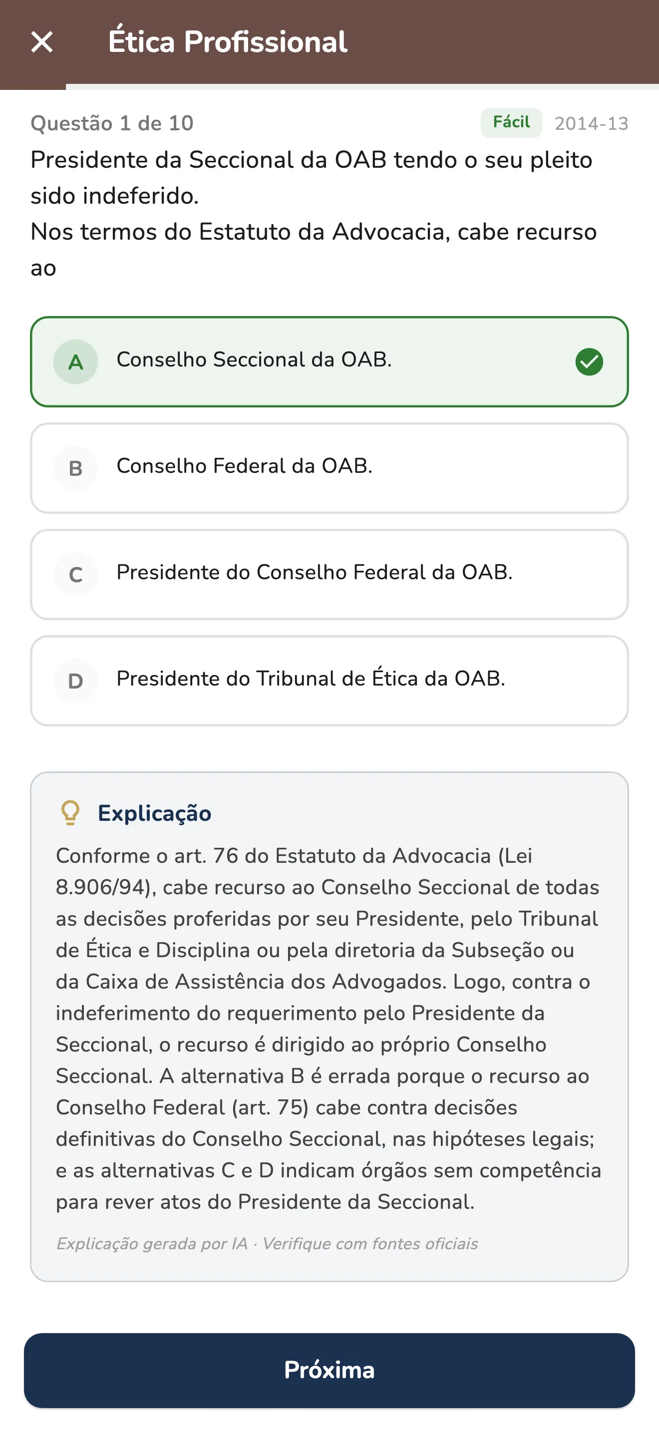 Questão de Ética Profissional respondida no OABei, com a explicação logo abaixo