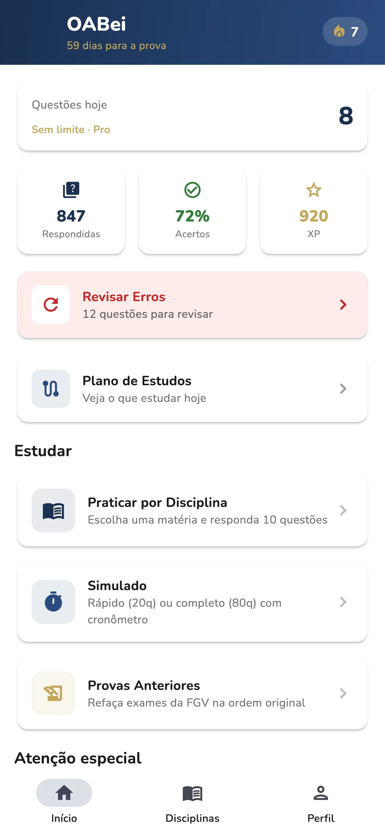 Tela inicial do OABei com questões do dia, acertos e atalhos para revisar erros e simulados