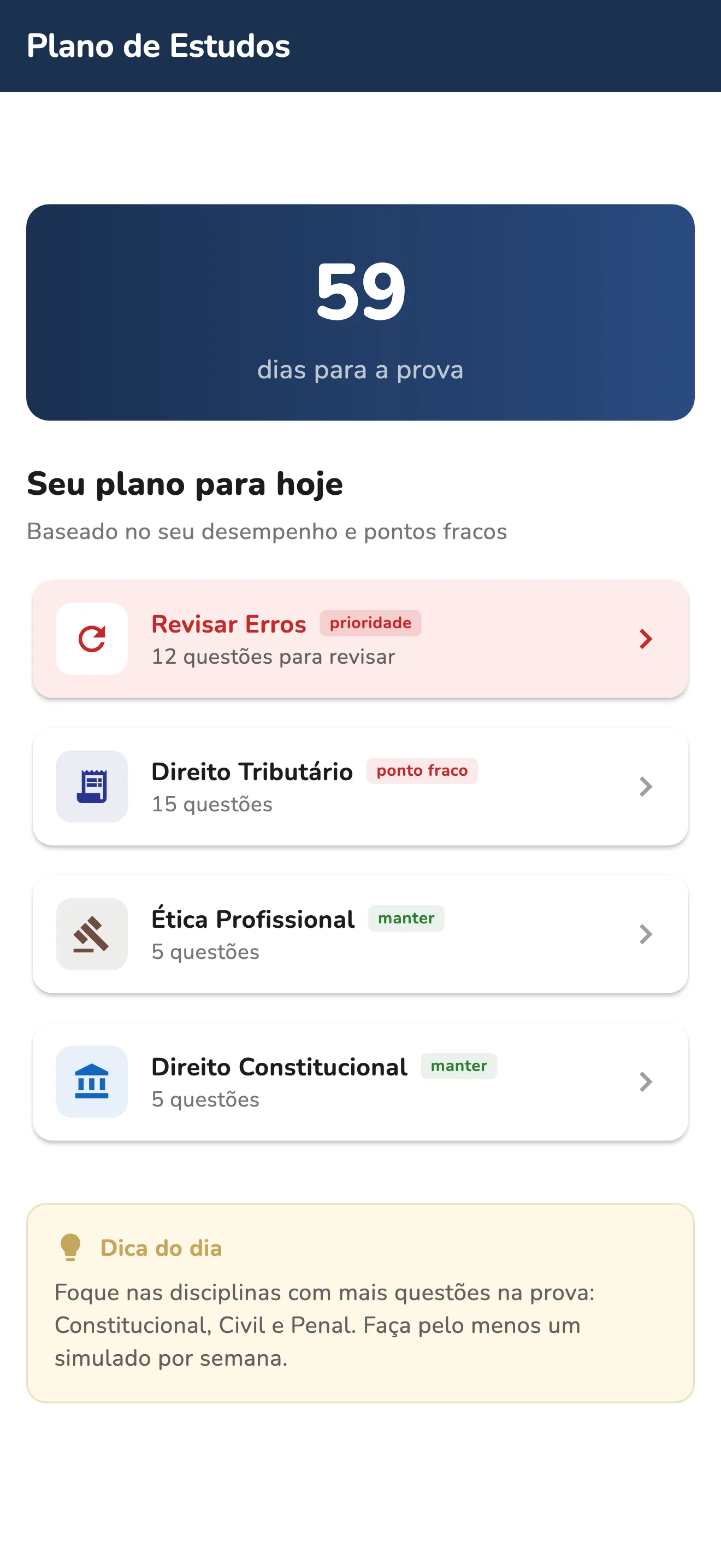 Plano de estudos do OABei com revisão de erros e disciplinas para hoje