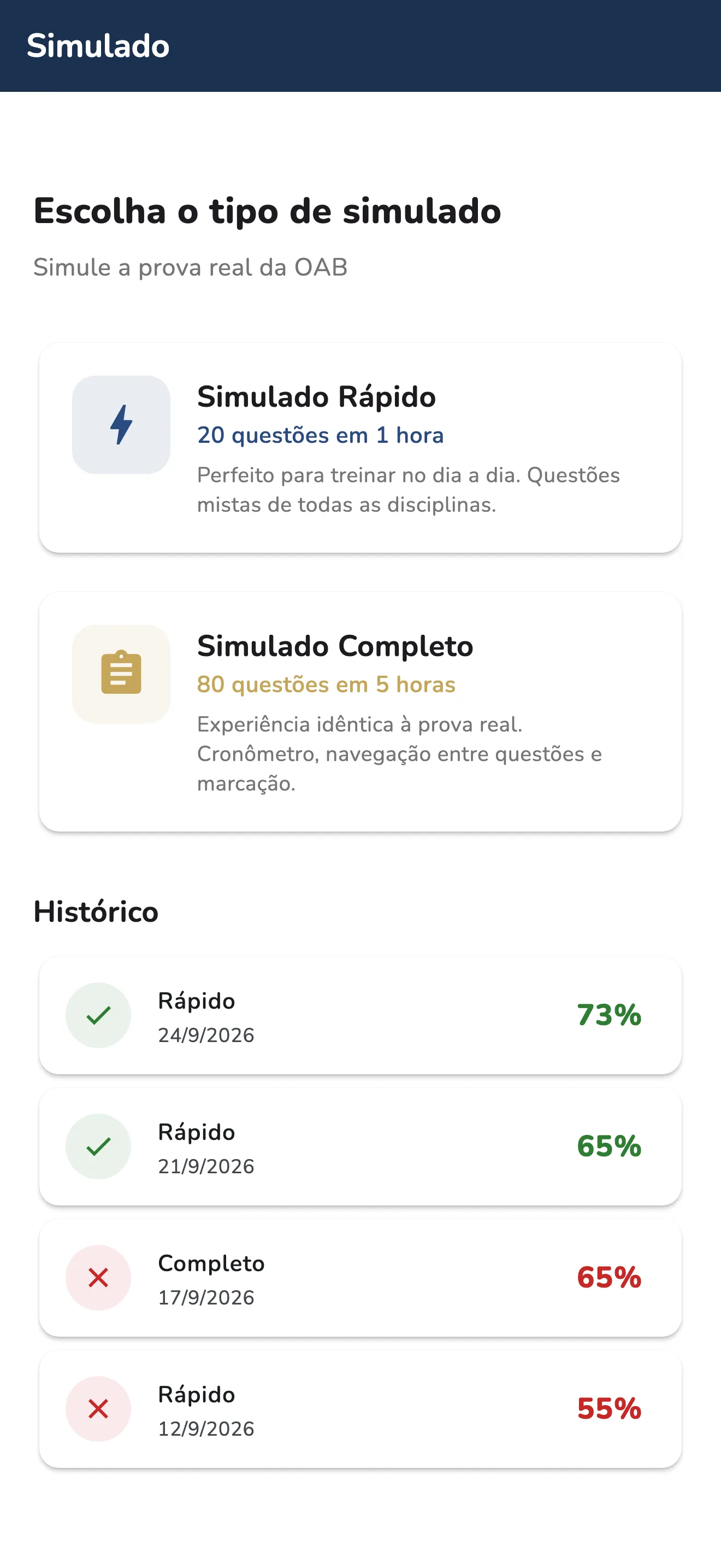 Tela de simulados do OABei com as opções rápido e completo e o histórico de resultados
