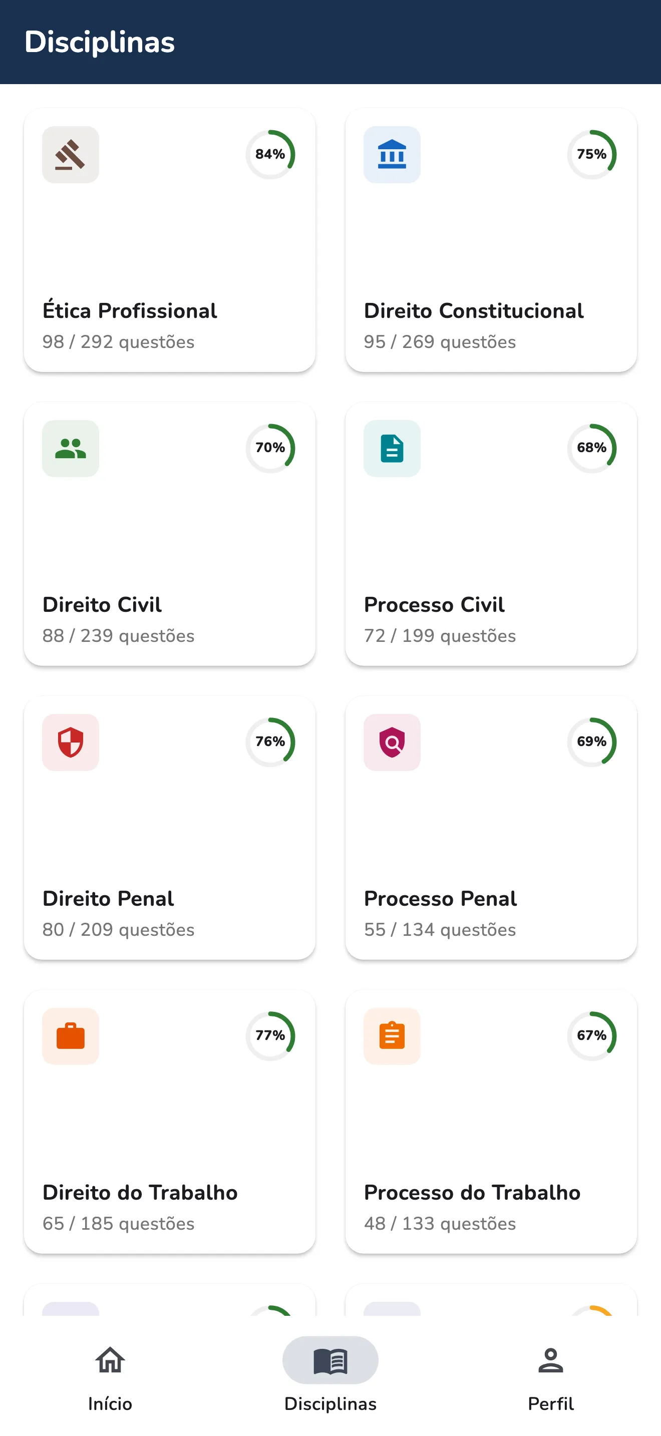 Disciplinas no OABei, com o aproveitamento em cada uma